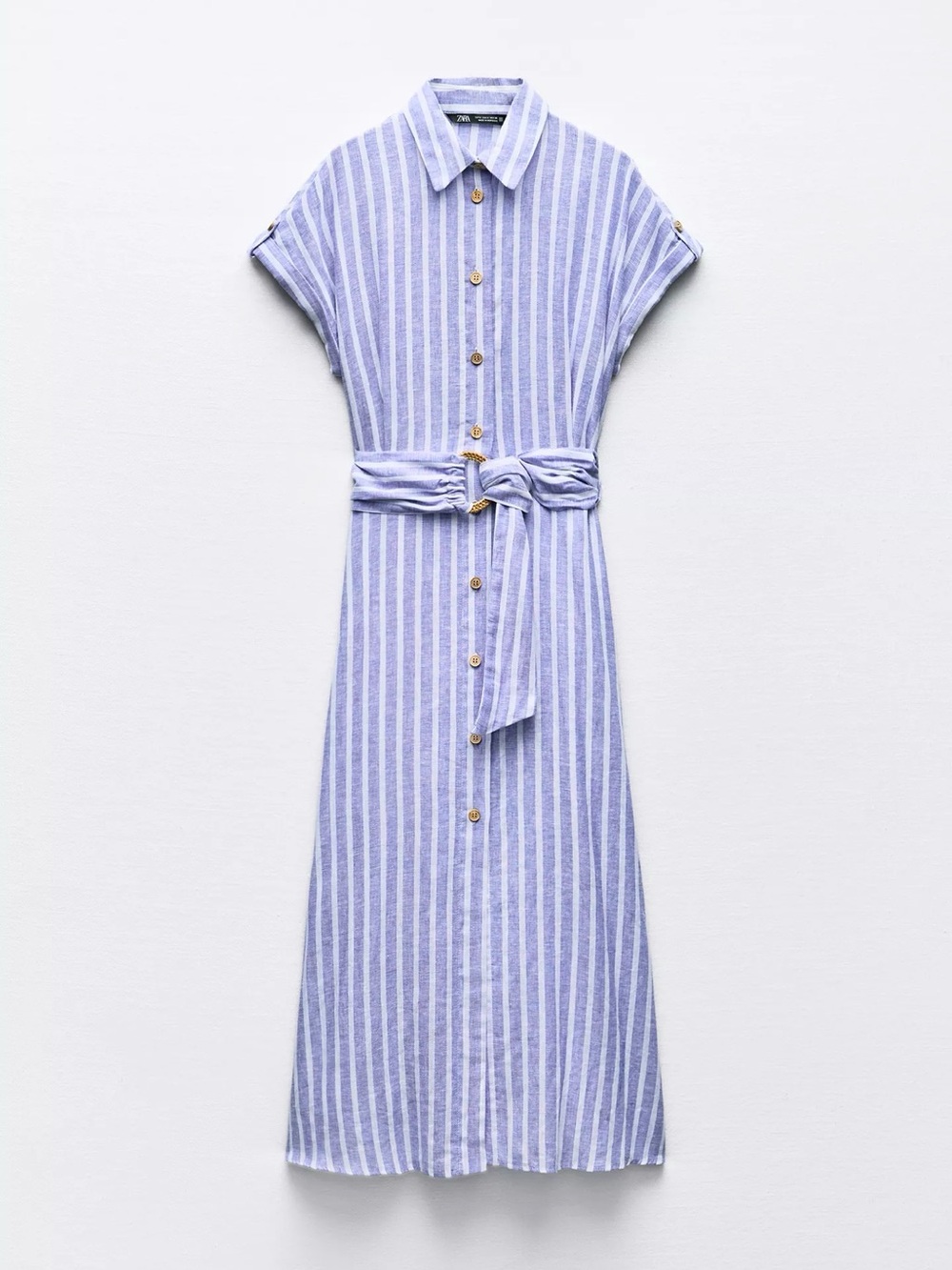 Zara Light Blue and White Striped Maxi Shirt Dress with Waist Tie